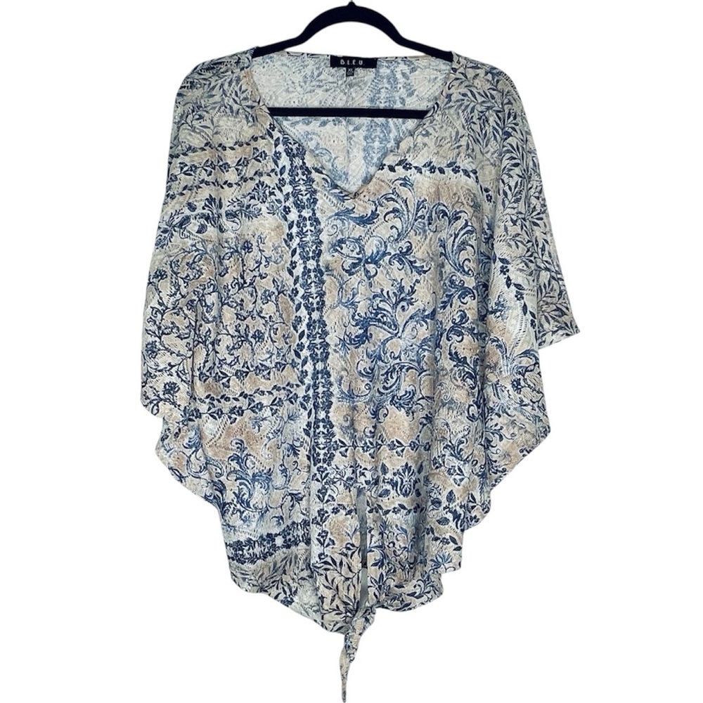B.L.E.U. Floral Tie-Hem V-Neck Women’s Top Blue and Cream lace texture Size XL